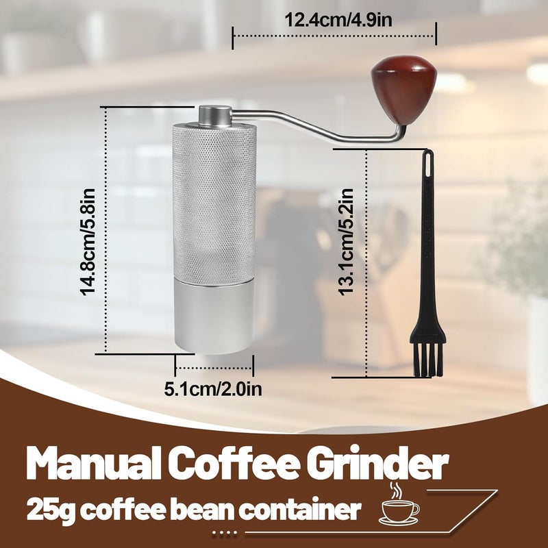 DITOSH Manual Coffee Grinder Non-Detachable Stainless Steel Conical Burr Aluminum Coffee Bean Grinder with 25 Grinding Settings Cleaning Brush Grindable Espresso Moka Pot French Press for Camping Silver - Image 2